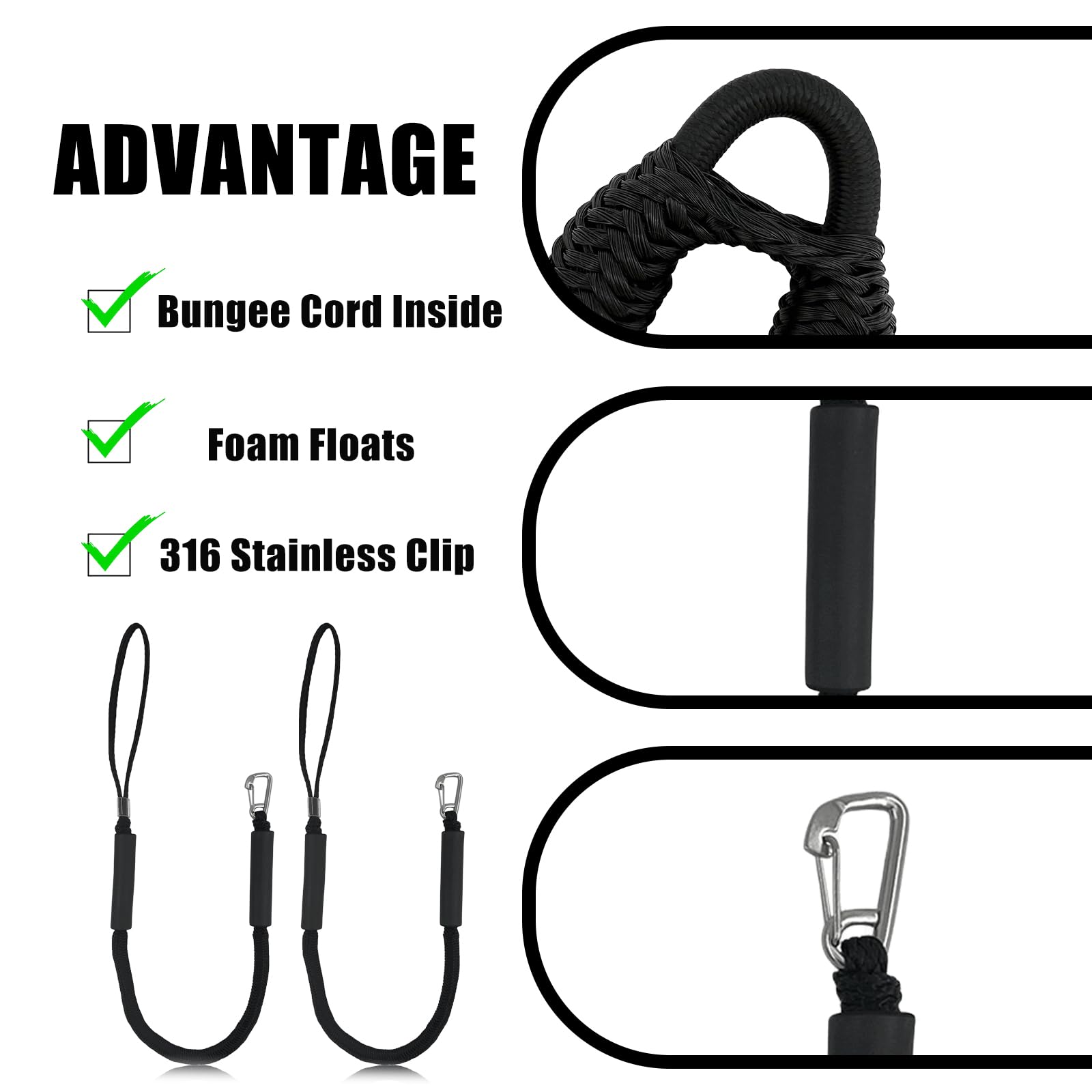 2 pezzi corda per ormeggio barche, accessori per barche, kayak, jet ski, pontoon, canoa, 4 piedi, nero