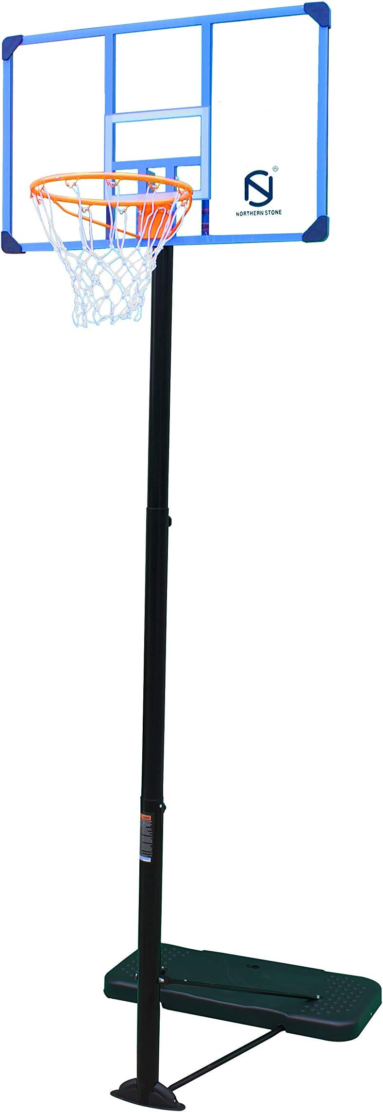 NORTHERN STONE Pro Court Free Standing Height Adjustable Portable Basketball Hoop System with 44" Deluxe Transparent Polycarbonate Shatter Proof Backboard Regulation Height with Spring Built Slam Rim