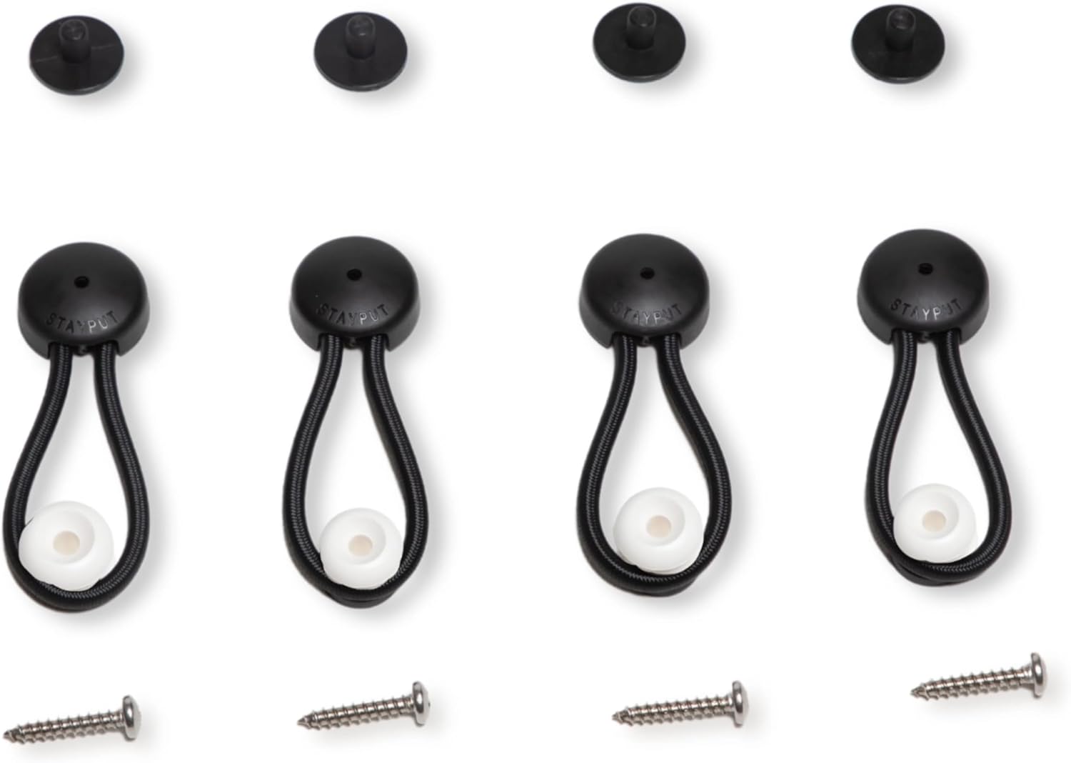 Stayput Fasteners 6 5/8 Standard Size Black Bungee Shock Cord & Fastener for Boat Canvas (4 Pack) with White Knobs and #10 Stainless Titanium Screws