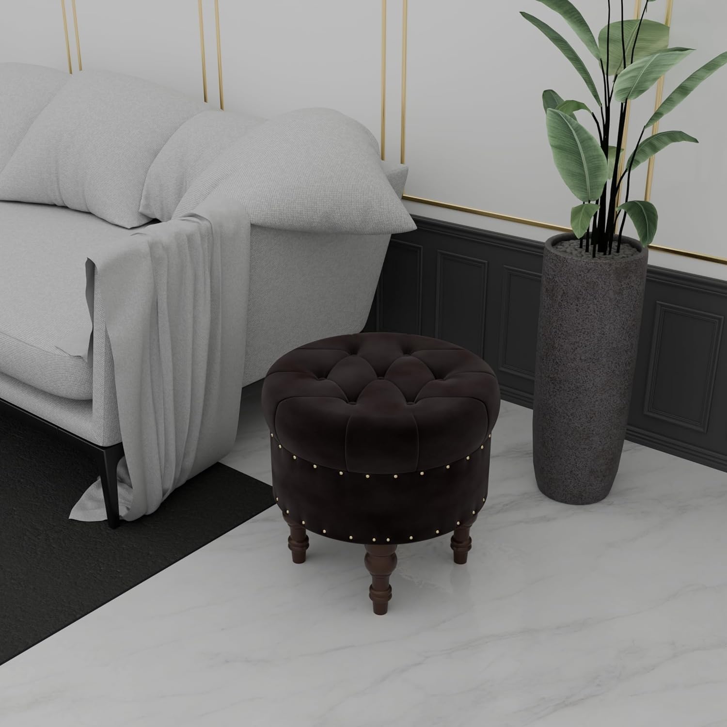 PLATINUM WOOD CRAFT Upholstered Round Velvet Tufted Foot Rest Ottoman | Ottoman with Storage for Living Room & Bedroom | Decorative Home Furniture (Brown)-image-33