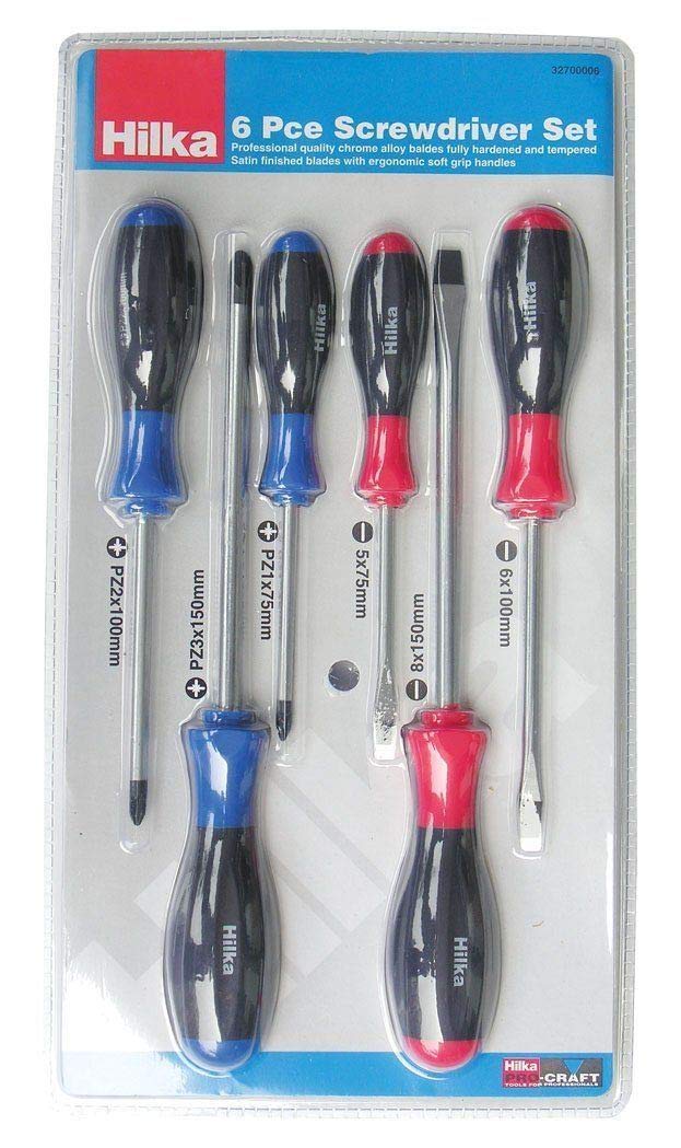Hilka Tools Soft Grip Slotted/Pozidriv Screwdriver Set, 6 Piece