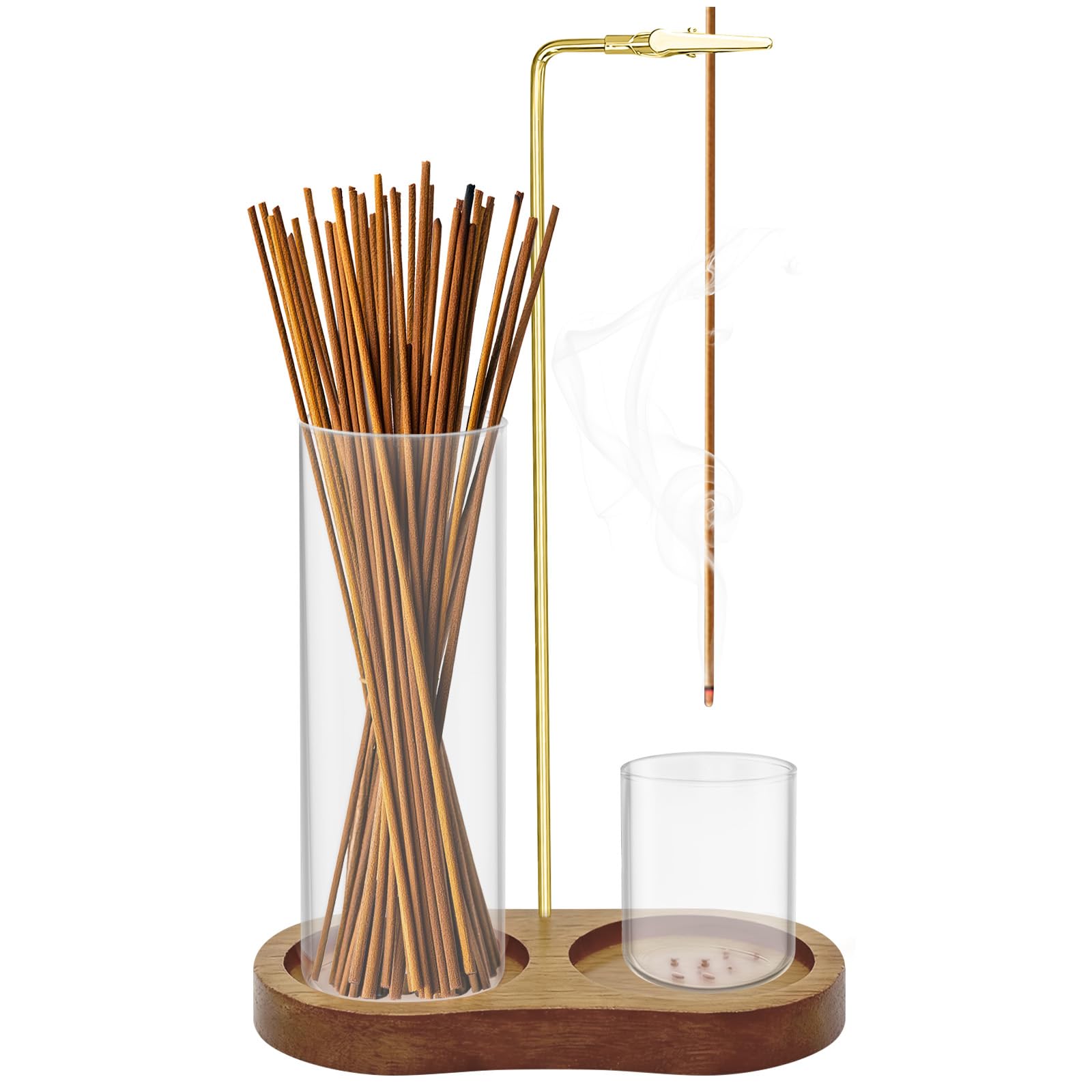2 in 1 Porta Incenso con Base Legno, Contenitore Cenere Vetro Rimovibile, Organizer Raccogli Cenere, Portaincenso Capovolto Bastoncini per Meditazione, Yoga, Spa, Decorazione Casa (Marrone)