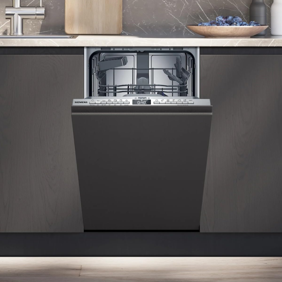 Siemens SR63EX25KE iQ300 w pełni zintegrowana zmywarka, 45 cm, 10 nakryć wymiarowych, 6 programów, varioSpeed Plus i autoOpen dry, aquaStop, Home Connect