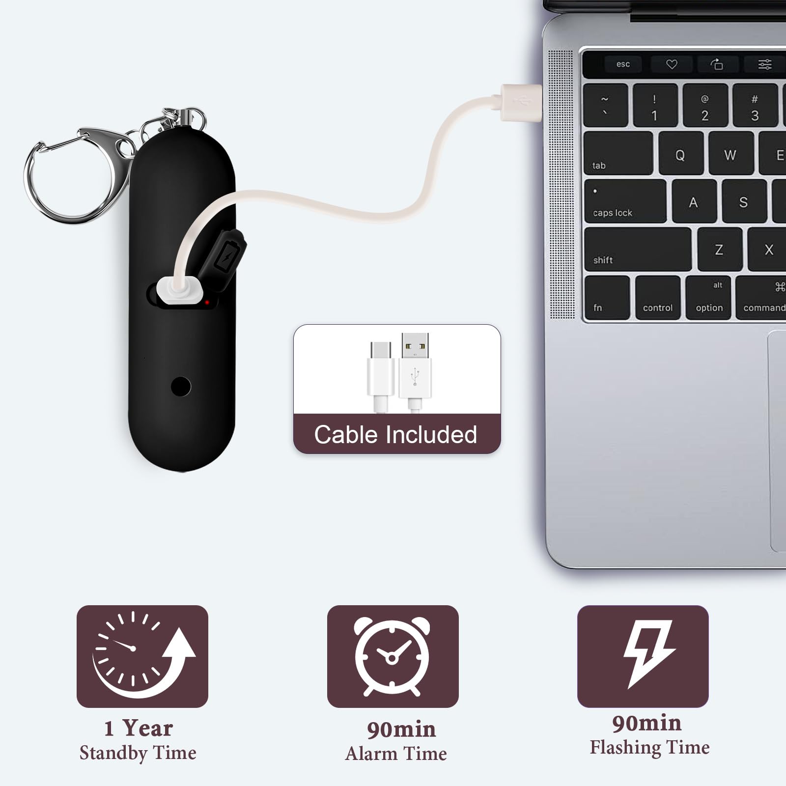 Alarme de sécurité personnelle rechargeable pour femme – Porte-clés d'alarme d'autodéfense 140 dB avec lumière stroboscopique, appareils d'alerte de sécurité d'urgence pour femmes, filles, enfants