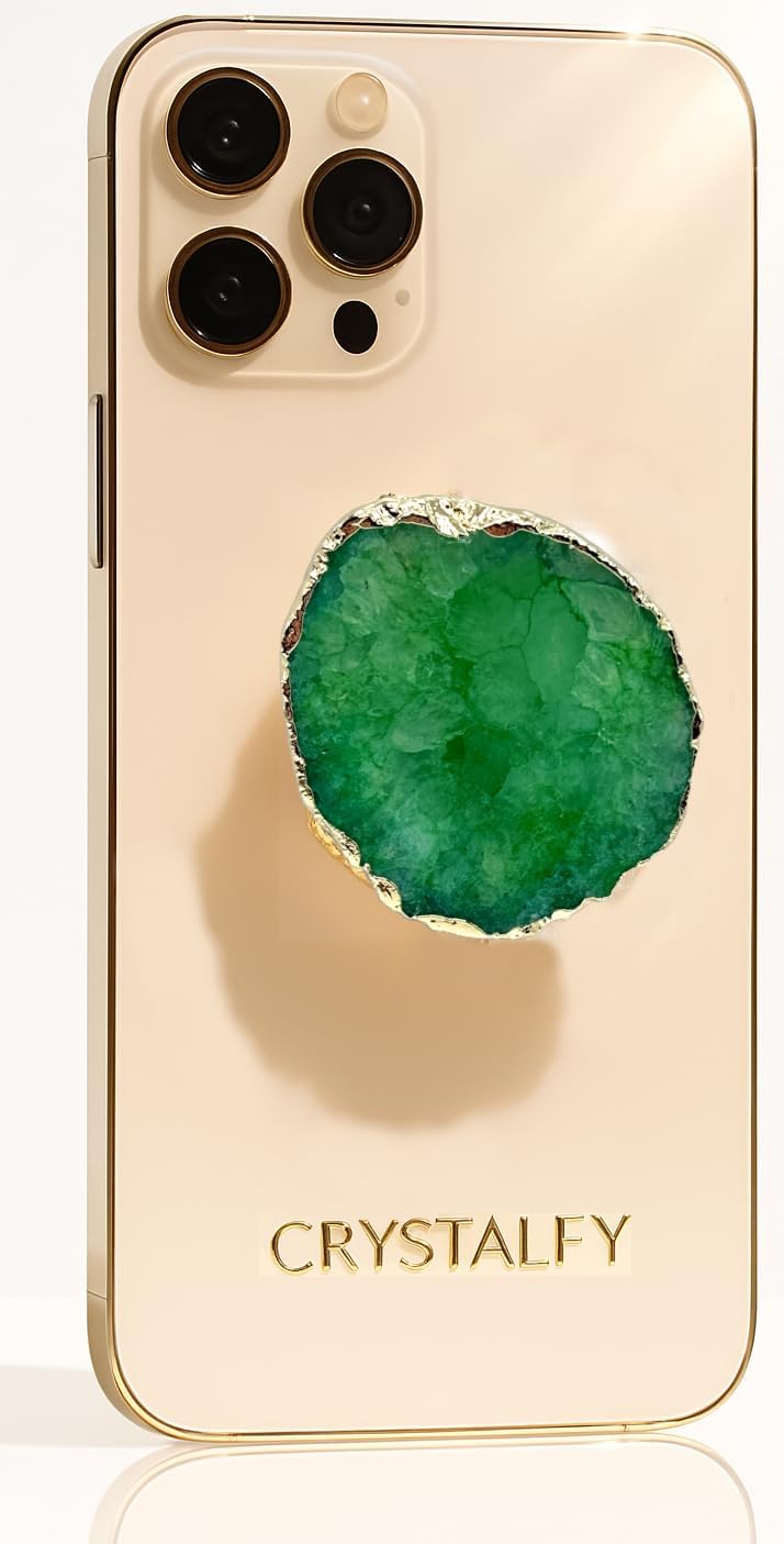 Grips by CRYSTALFY Green Clear Quartz Druzy Crystal Phone Grip Holder & Expanding Kickstand - Natural Gemstone Swappable Top Accessory for iPhone, iPad, Kindle & Mobile Devices
