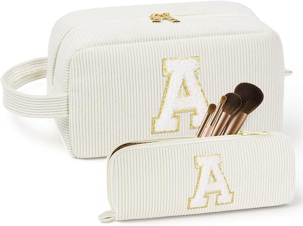 ALIIP Beauty Case da Viaggio, 2 PCS Borsa da Toilette da Viaggio, Pochette Donna Trucchi, Borsa Trucco Lettera, Borsa Cosmetica in Velluto a Coste, per Donne Ragazze-Lettera A - 1