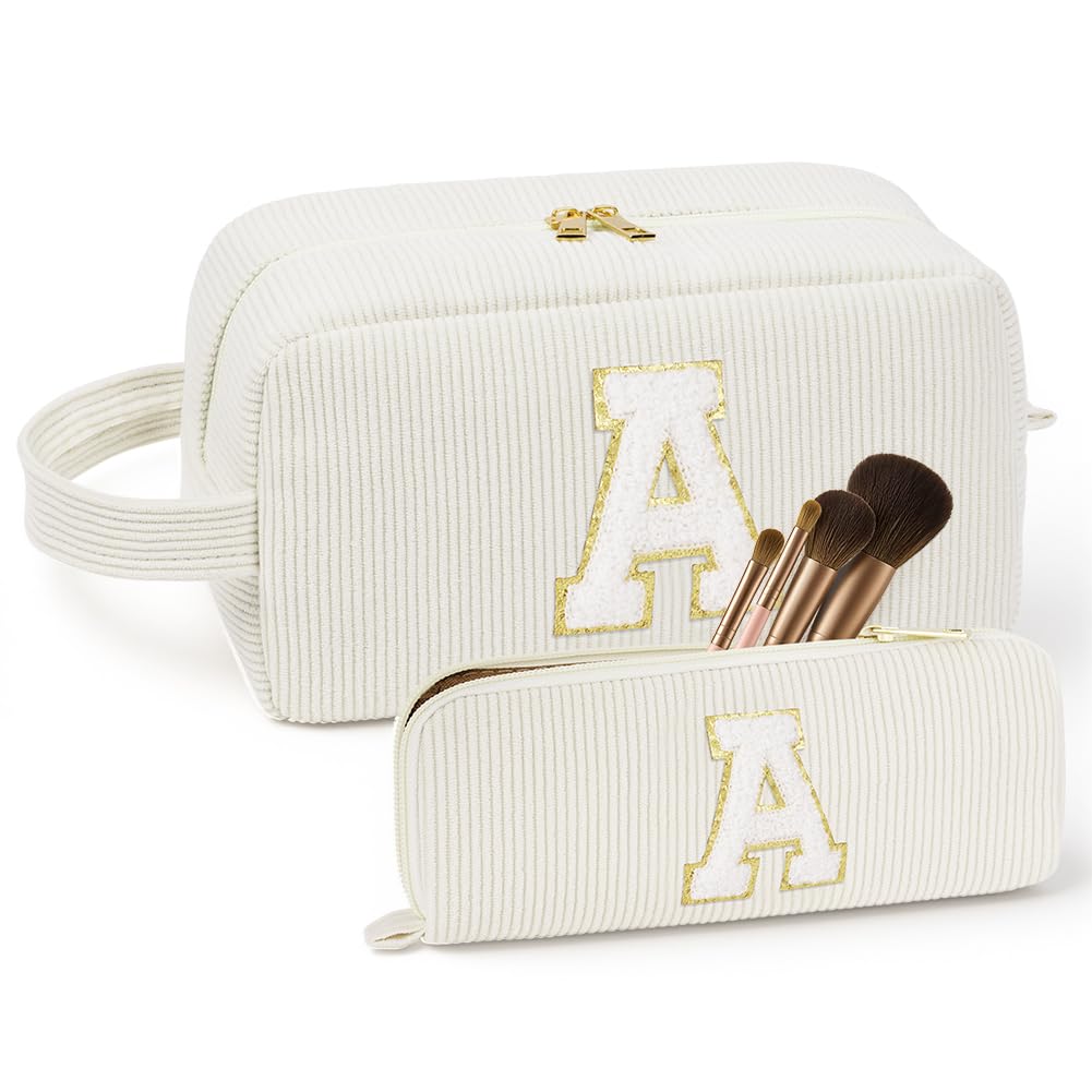 Set Neceser Mujer Personalizado Inicial, 2 piezas Neceser de Maquillaje de Pana, Bolsa de Cosméticos de Viaje, Bolsa de Aseo con Letra, Regalo para Mamá Mujeres Novias Mejores Amigas (Beige - L) — view 10