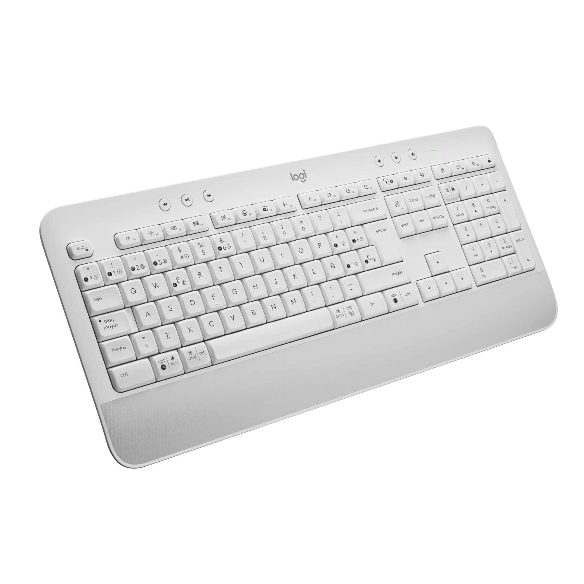 Logitech Signature K650 Complete Wireless Keyboard with Handrest, Bluetooth BLE or Logi Bolt USB Receiver, High Cushioning, Numeric Keyboard, for PC/Windows/Mac, QWERTY Spanish, White