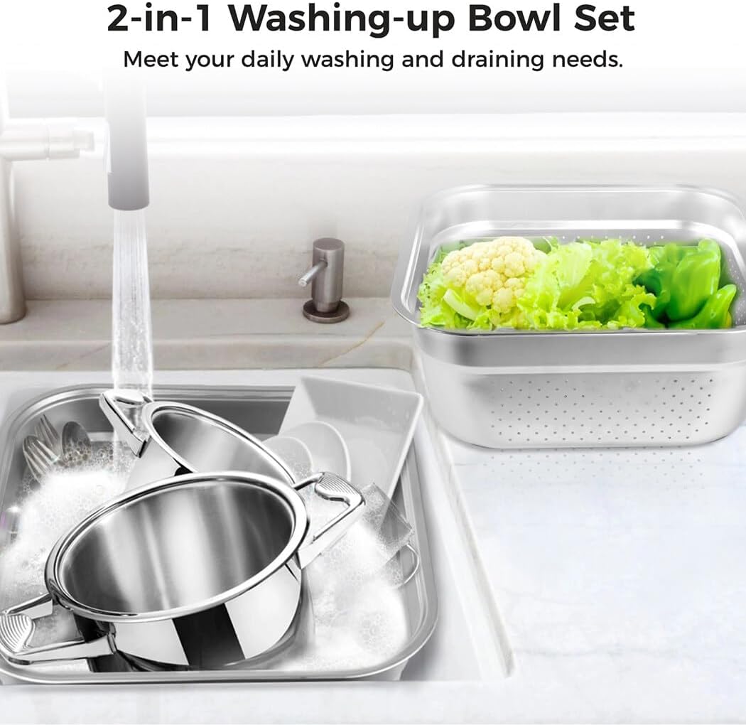 BOSREROY 39CM Stainless Steel Square Colander and Basin Set – Multi-Functional Kitchen Dish Tub for Sink, Kitchen Basket with Uniform Drainage Holes for Efficient Rinsing, for Food Prep and Storage