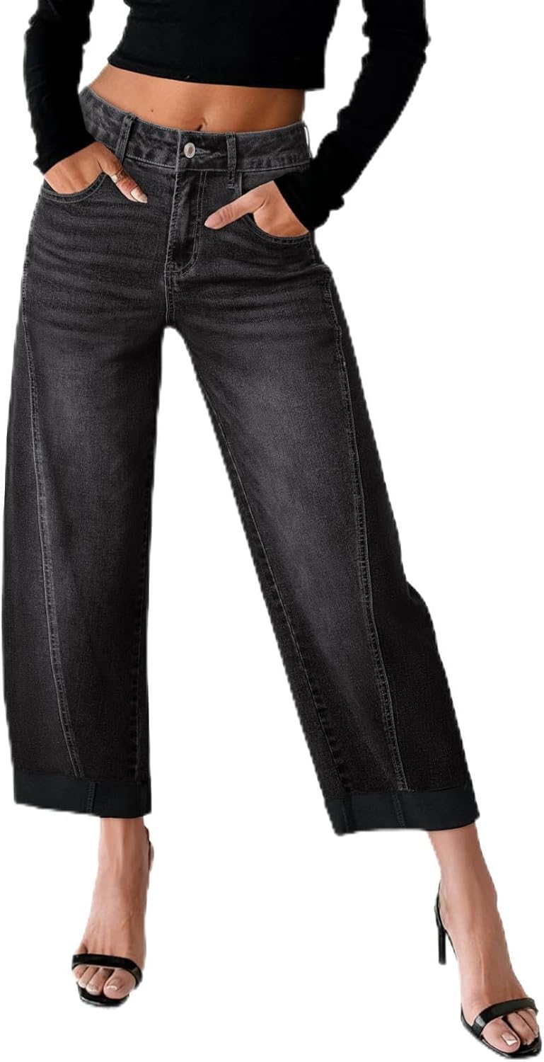 Sidefeel Barrel Jeans for Women High Waisted Wide Leg Baggy Stretch Boyfrined Trendy Raw Rolled Hem Cropped Ankle Denim Pants