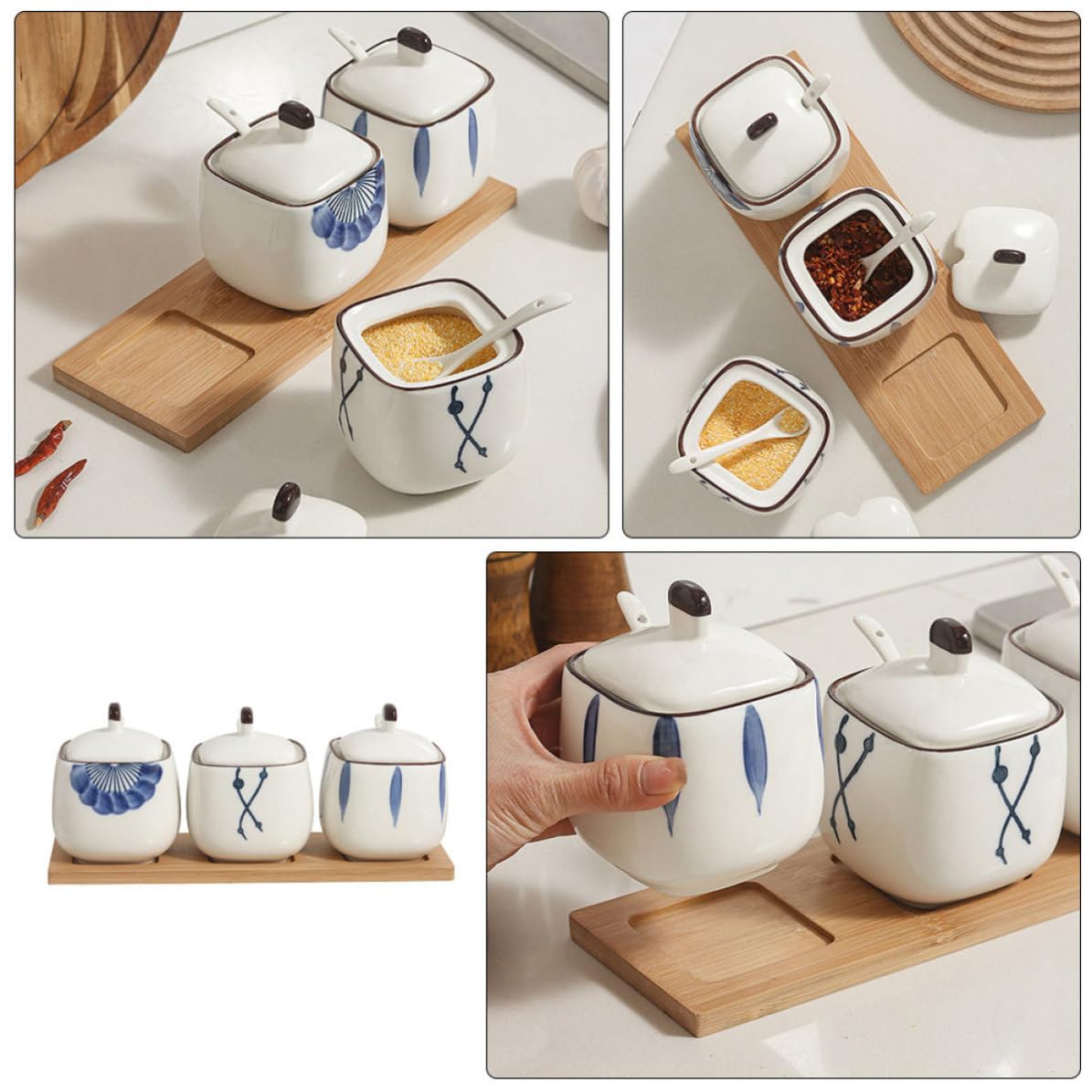 Set di Tre Barattoli di Ceramica per Spezie con Coperchio e Vassoio