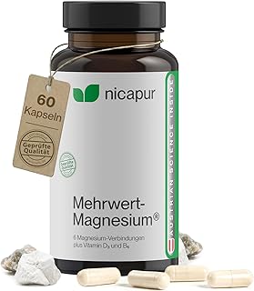 nicapur Mehrwert-Magnesium – Magnesium Komplex aus 6 Verbindungen mit Vitamin B6 & D3 – 60 Kapseln, laktosefrei & fruktosefrei
