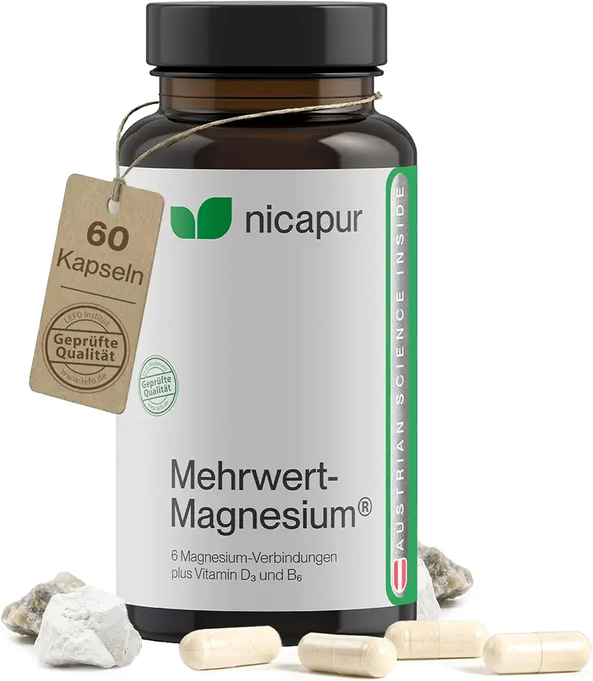 nicapur Mehrwert-Magnesium – Magnesium Komplex aus 6 Verbindungen mit Vitamin B6 & D3 – 60 Kapseln, laktosefrei & fruktosefrei