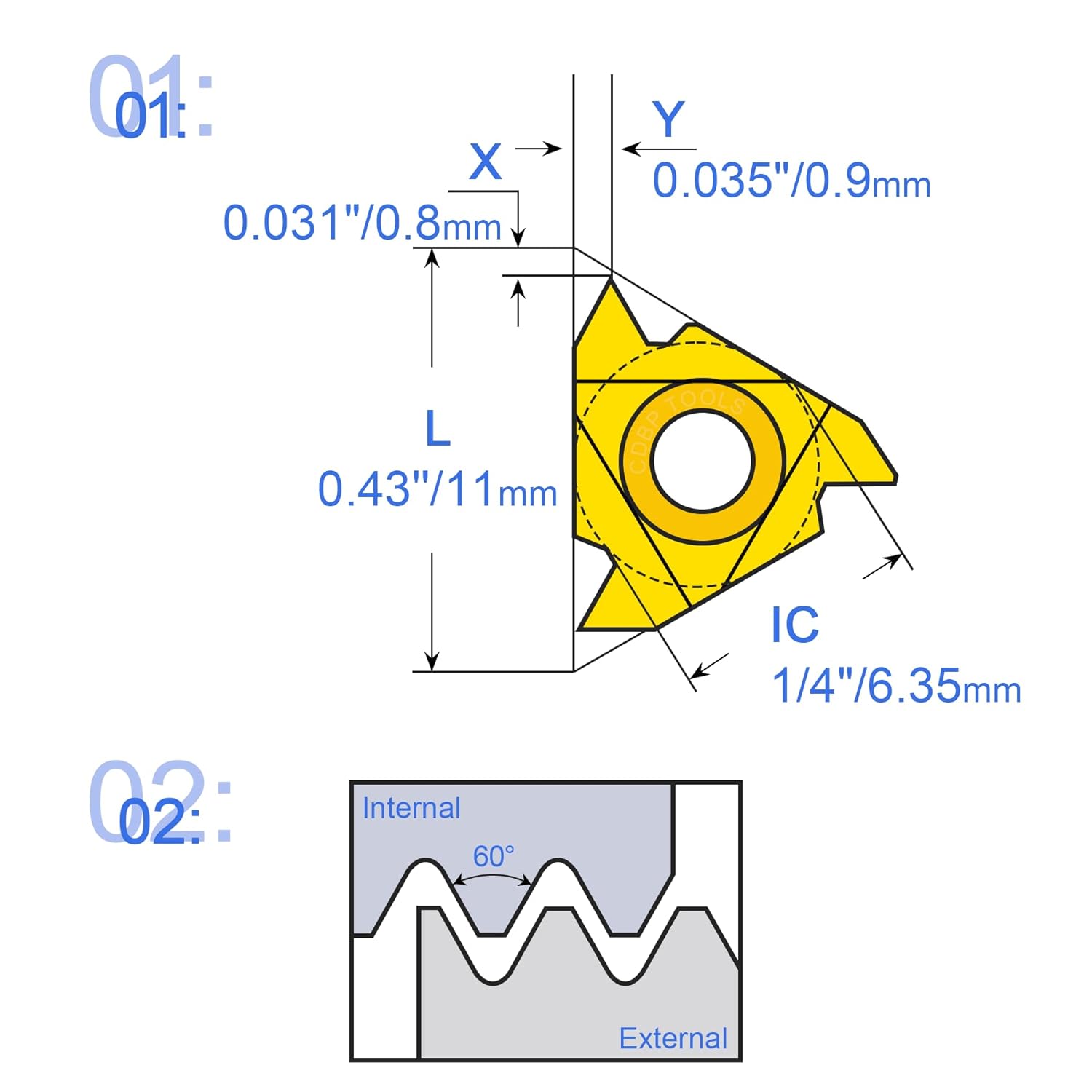 11ER A60/11IR A60 Standard Laydown Threading Insert, External Partial Profile 60 Degree Thread, 10 PCS