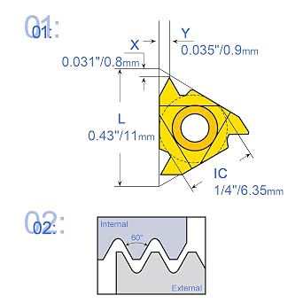 11ER A60/11IR A60 Standard Laydown Threading Insert, External Partial Profile 60 Degree Thread, 10 PCS