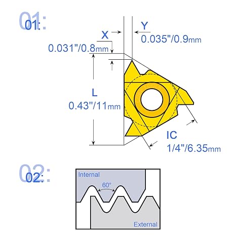 11ER A60/11IR A60 Standard Laydown Threading Insert, External Partial Profile 60 Degree Thread, 10 PCS