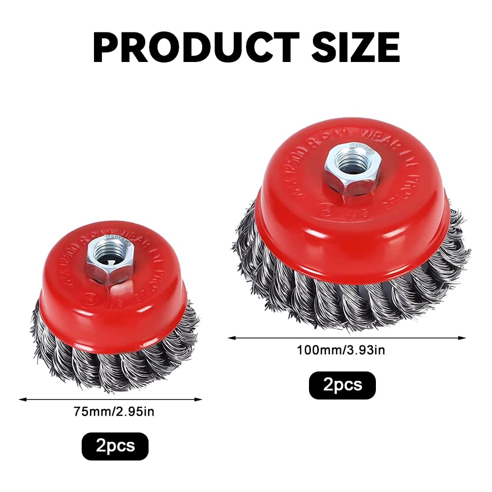 mizikuu 4 Stück M14 Topfbürste Winkelschleifer, 75mm 100mm Drahtbürsten Set Twist Knot Drahtbürste Drahtbürste Winkelschleifer für schwere Reinigung zum Entfernen von Farben Rost und Schleifen