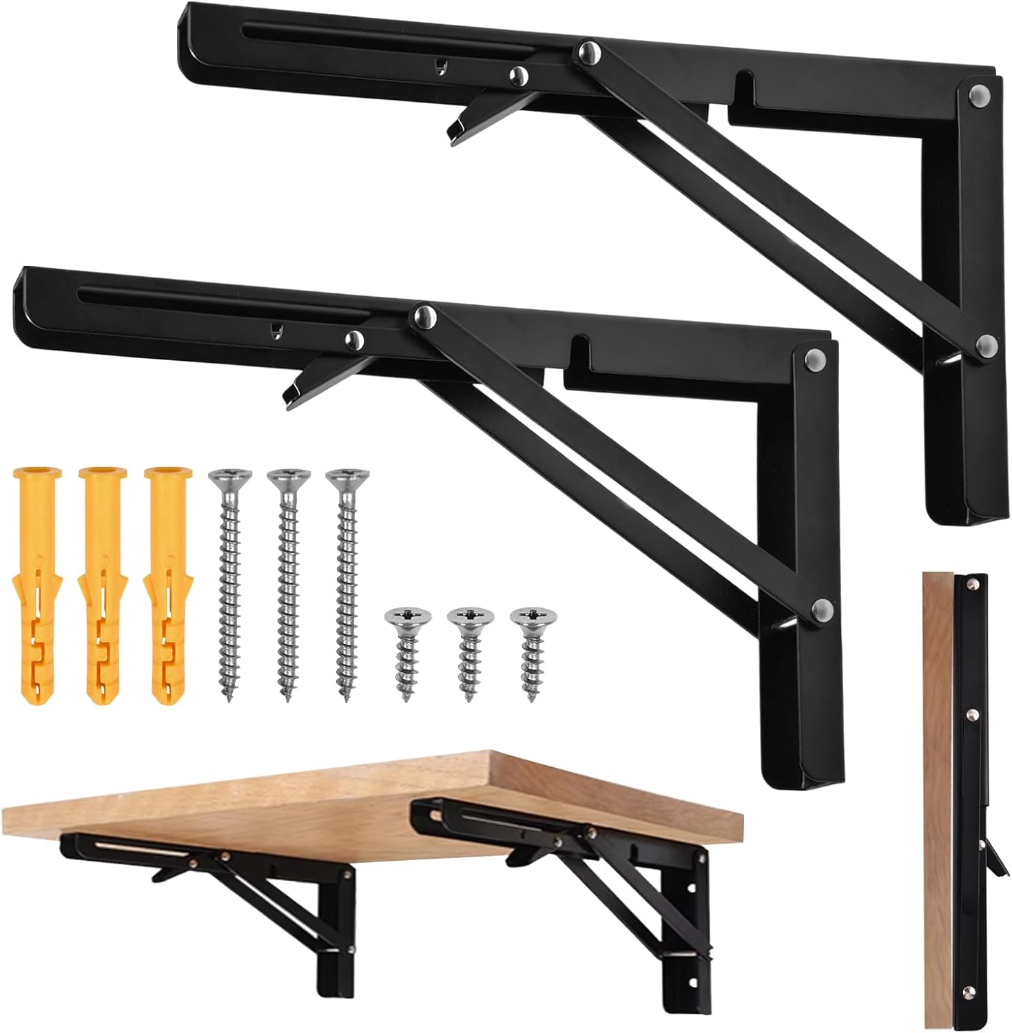 6Inch 2Pack Folding Shelf Brackets with Screws Collapsible Shelf Bracket Heavy Duty Shelf Bracket for Bench Table, Shelf Hinge Wall Mounted Space Saving DIY Bracket,Black