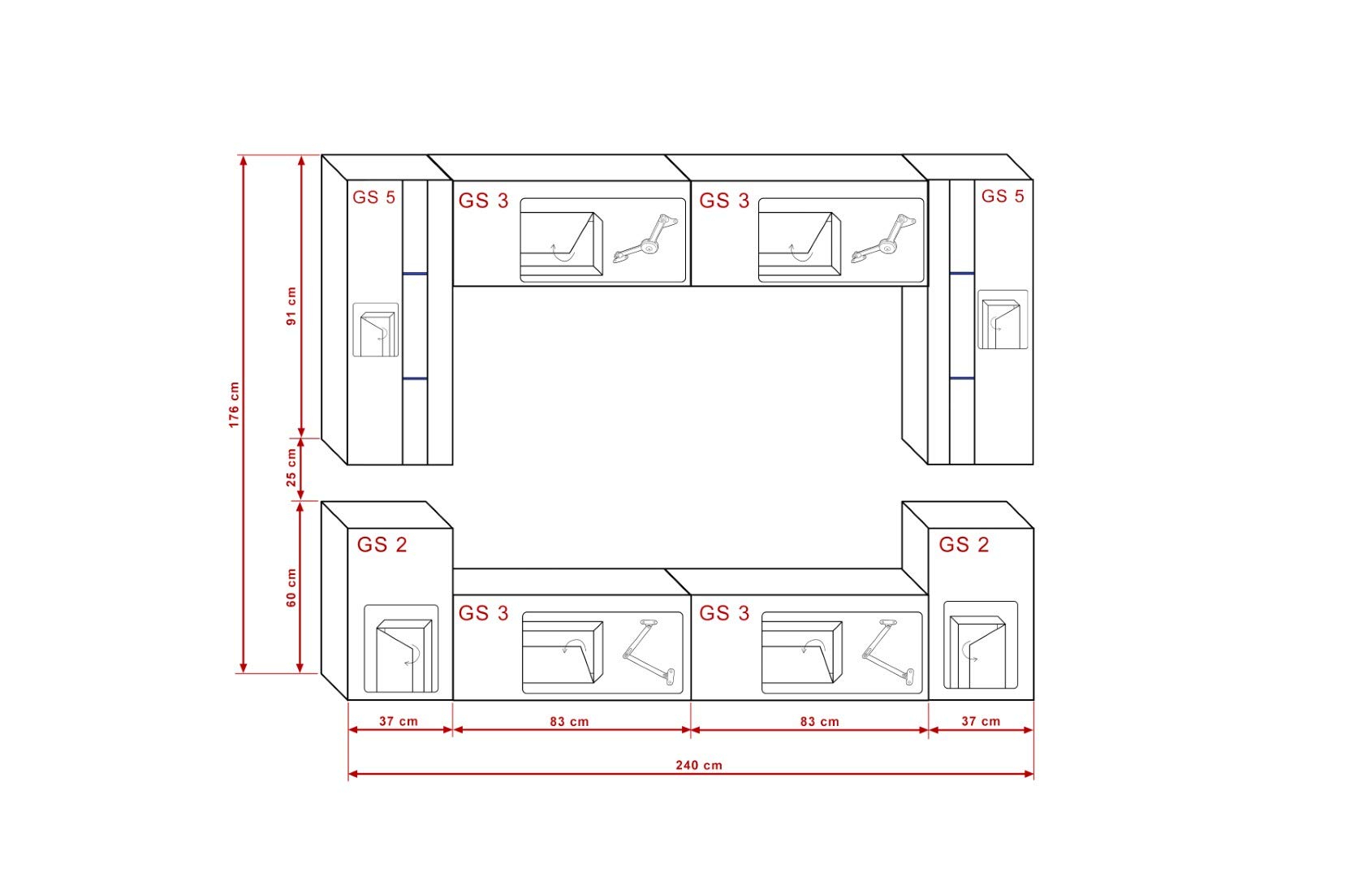 Furnitech Hängend Wohnwand Modern | Wohnzimmer Schrankwand Mit Regale Und TV Schrank | Möbel Ohne LED (24/HG/W/2 1A Klein)