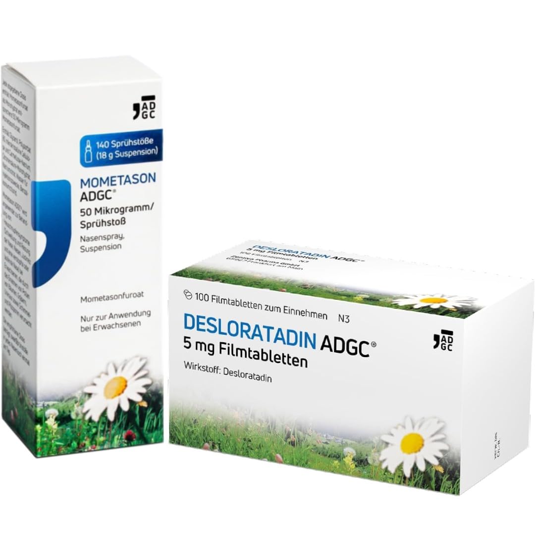 DESLORATADIN-ADGC 100 Stück & MOMETASON-ADGC 18g - Antiallergikum mit schneller und langanhaltender Wirkung und Heuschnupfenspray zur Linderung von Symptomen wie verstopfter, laufender Nase, Niesen