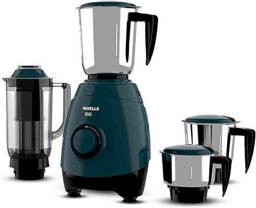 Havells ABS ESO 750W 4 JAR Mixer Grinder, Heavy and Wider Mouth SS Blades & Jars, All Jars with Handle & One Juicer Jar, Mixie For Kitchen, 2 Year Product & 5 Year Motor Manufacturer Warranty (Teal)