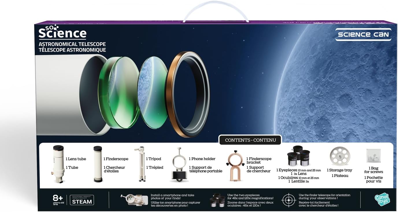 C Toys - So Science - Astronomical Telescope for Children Aged 8+ - 120x Magnification - 16x and 40x Eyepieces - Smartphone Holder - Adjustable Tripod - Astronomy Moon