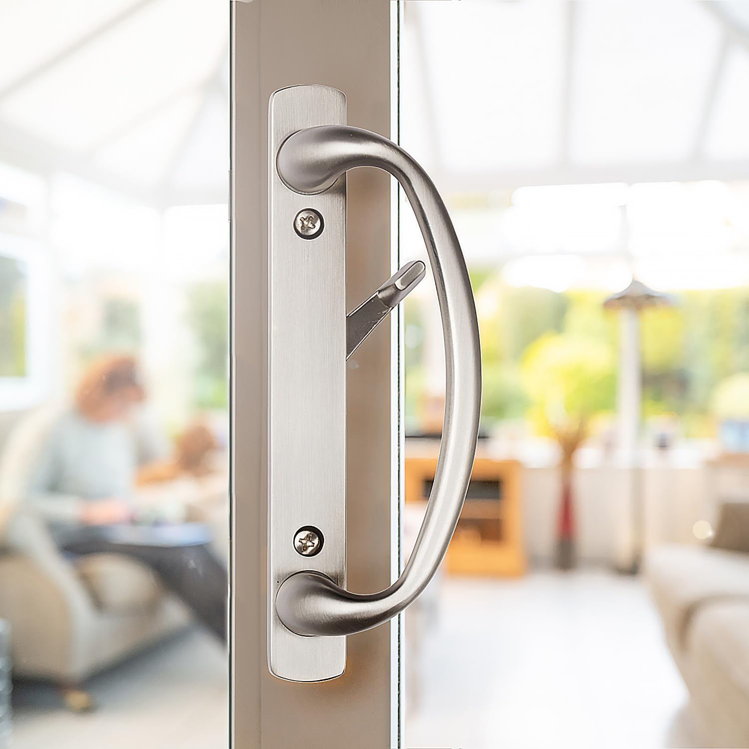 Rockwell Security Charlotte Center Key Locking Sliding Door Handle in Brushed Nickel Fits 1-3/4 Inch Thick Door with 3 Screw Holes