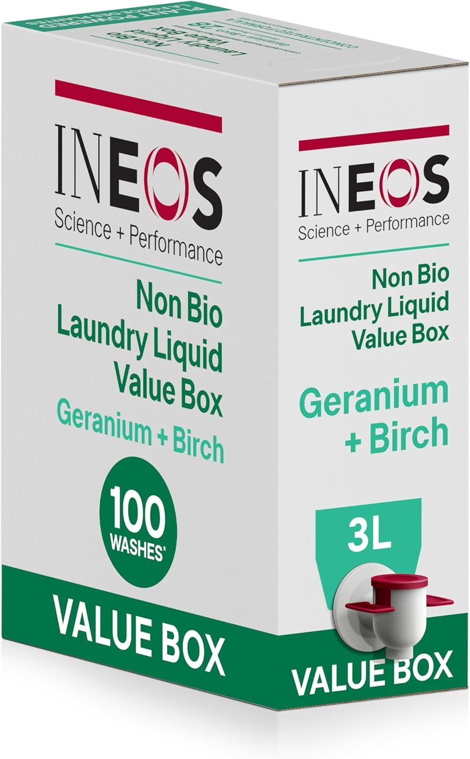 INEOS Next Gen Non Bio Laundry Washing Liquid Detergent, Stain Removal for Clothes, Plant Powered, Eco value box Geranium + Birch 3L, Stress Relieving Fragrance, Vegan, Cruelty Free