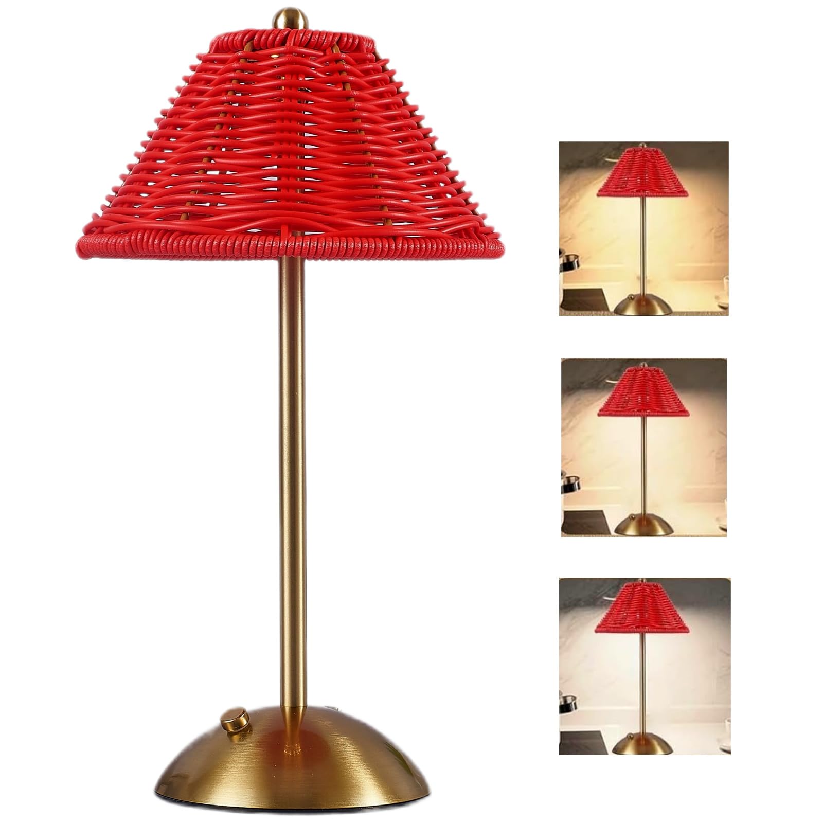 Boho Rattan Table Lamp, Cordless Wicker Lamp Rechargeable Bamboo Desk Lamp 3 Color Dimmable Touch Control Night Light for Bedroom, Living Room, Outdoor Decor (Red)