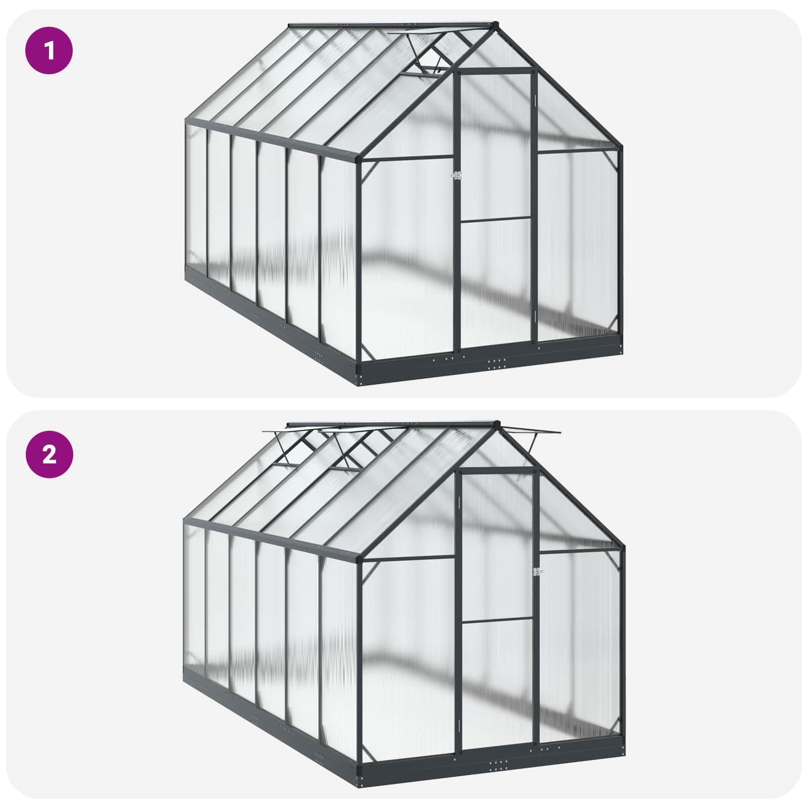 Szklarnia z drzwiami, antracytowa, wykonana z aluminium i stali ocynkowanej, 183,5 x 363,5 x 207 cm, odporna na warunki atmosferyczne, do uprawy pomidorów, tunel foliowy, pielęgnacja ogrodu i