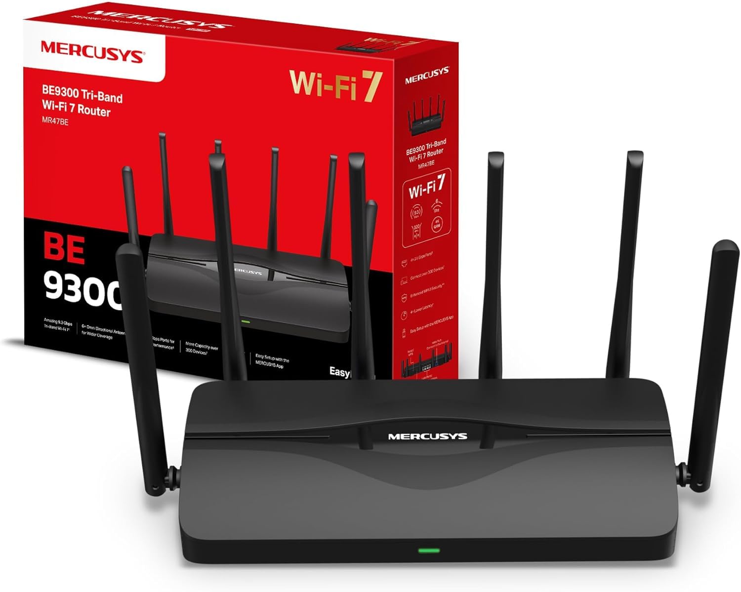 Mercusys MR47BE | Router Wi-Fi 7 BE9300 Tri-Band | 5760 Mb/s (6 GHz) + 2880 Mb/s (5 GHz) + 688 Mb/s (2,4 GHz) | 4× Porty 2,5 Gb/s | 6× Anteny Wysokiego Zysku | Kompatybilny z EasyMesh