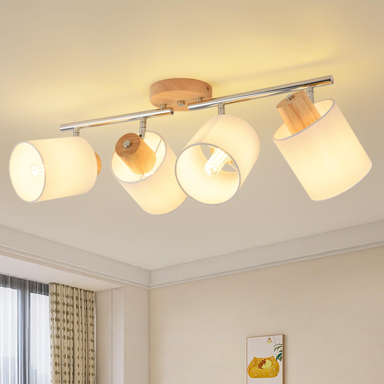 SANSHI faretti led soffitto in 4 punt，lampadario legno regolabile, Base E14 230V moderna Luce a parete,faretti soffitto per interni soggiorno, camera da letto, sala da pranzo (senza lampadine)