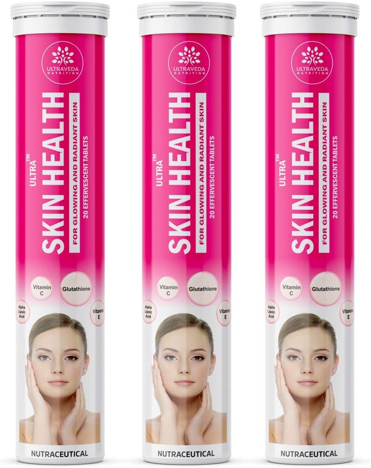 ULTRAVEDA™ Nutrition Ultra Skin Health™ GLUTATHIONE, Vitamin C, E, Grape Seed Extract, ALA Multivitamin Effervescent tablets Woman Glowing Skin Care Immunity Booster Antioxidant - Pack of 3(60 Tabs)