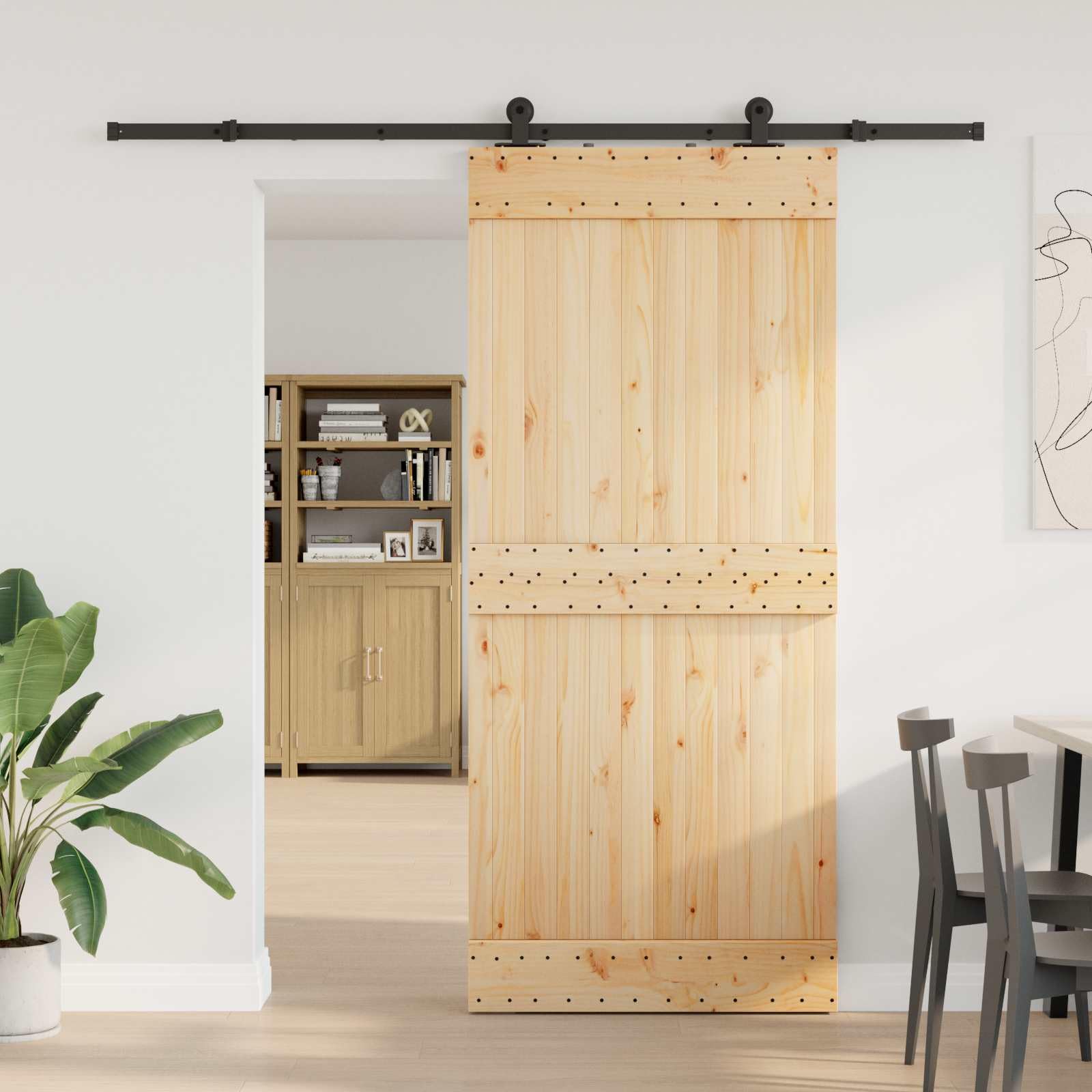 NARVIK - Porta scorrevole in legno massiccio, 90 x 210 cm, sistema di porta scorrevole con binario in acciaio verniciato a polvere, per interni