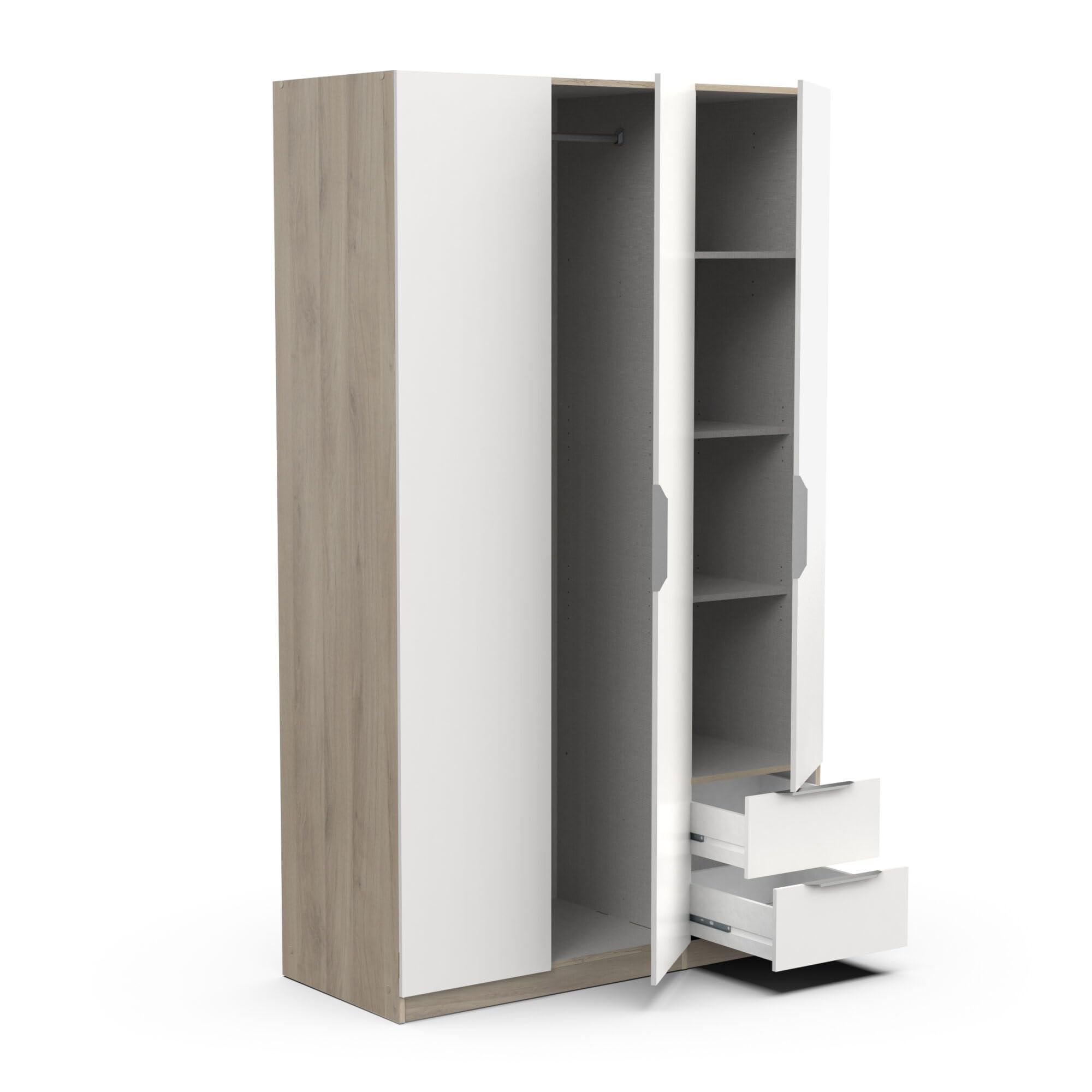 Armoire Dressing avec Penderie Moderne 3 Portes 2 Tiroirs 4 Niches – Coloris Chêne Kronberg & Blanc Mat - 119,4 x 51,1 x 203 cm