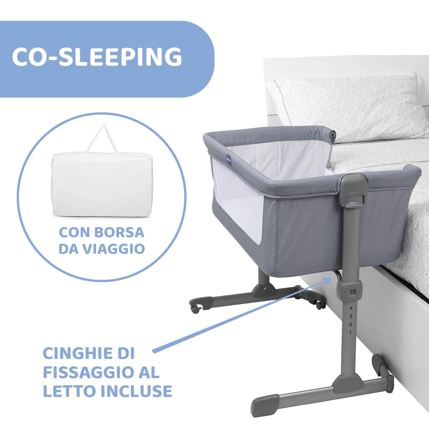 Chicco Next2Me Essential Culla Neonato Fianco Letto, Culla Co-Sleeping, Compatibile con Diversi Letti, Altezza Regolabile, Buona Circolazione dell'Aria, Materasso e Borsa inclusi, 0-6 Mesi, Grigio