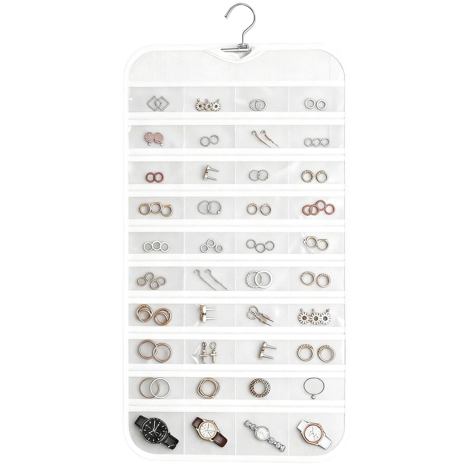 Organizador de joyas colgante, 82 bolsillos, organizador colgante de joyas de doble cara para aretes, collares, pulseras, accesorios de ventana de PVC transparente para armario, puerta, pared