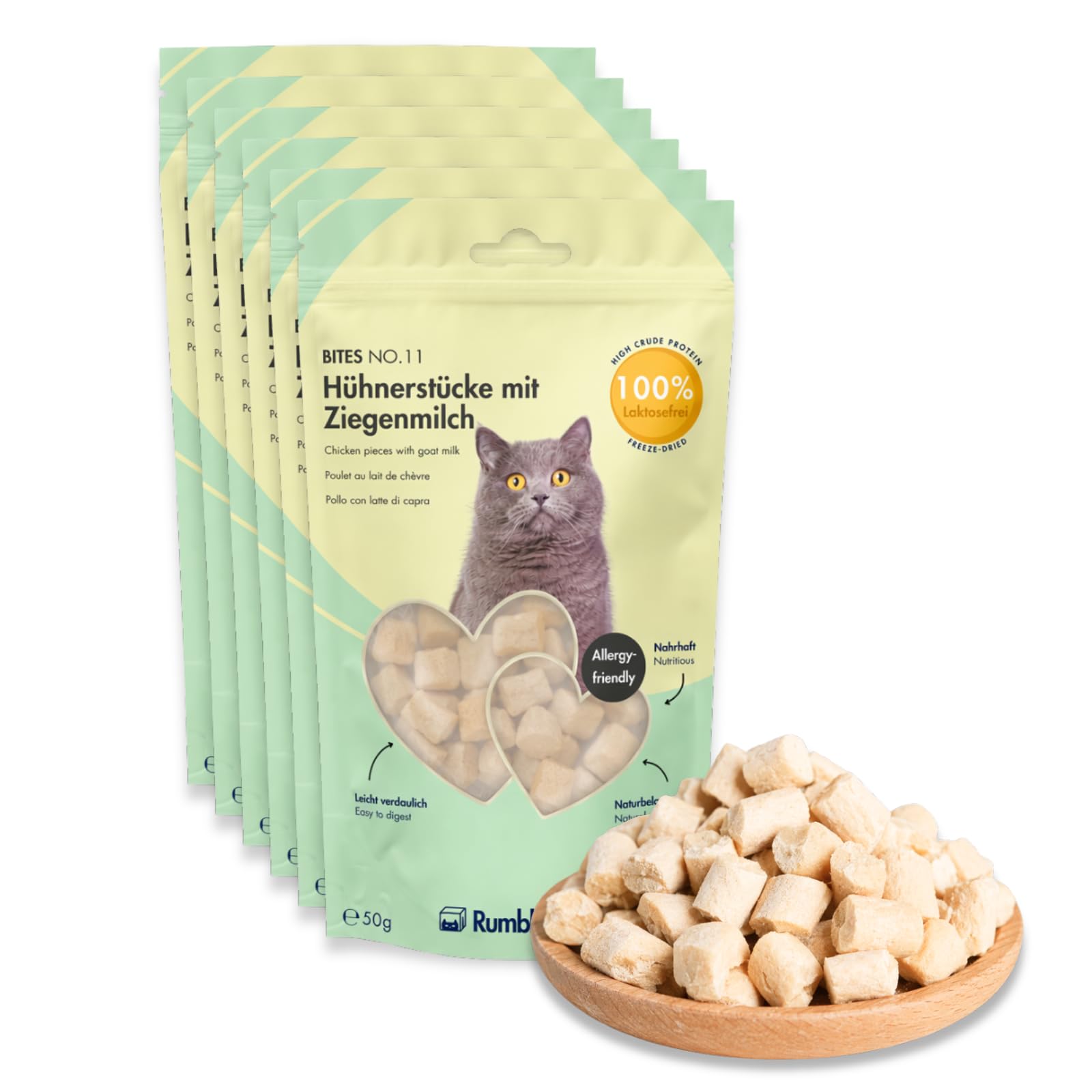 RumbleBox XXL Gefriergetrocknete Katzensnacks aus Hühner & laktosefreier Ziegenmilch, Gesunde Leckerlis ohne Getreide und Zucker für Allergiker, Nur 2 Zutaten (Sparbox 6x50g)