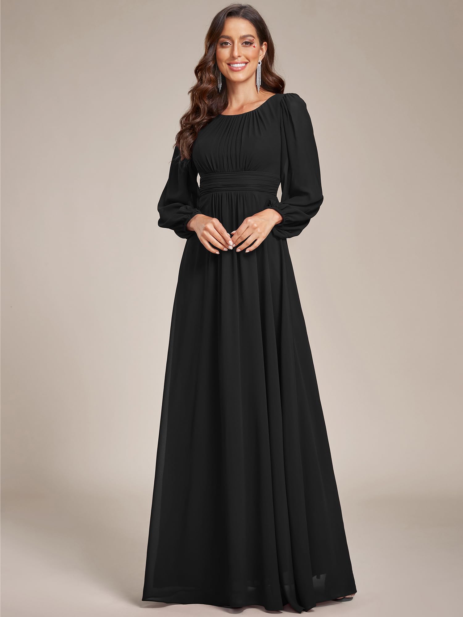 Ever-Pretty Vestito da Sera Donna Lungo Cintura Rotondo Manica Lunga Elegante Abiti da Cerimonia ES0106B