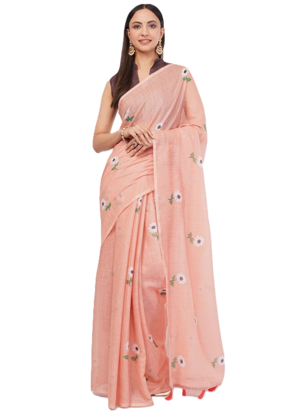 Womens Rust Geometric Printed Linen Saree With Striped Pallu, Gold Border & Unstitched Blouse Piece-image-11