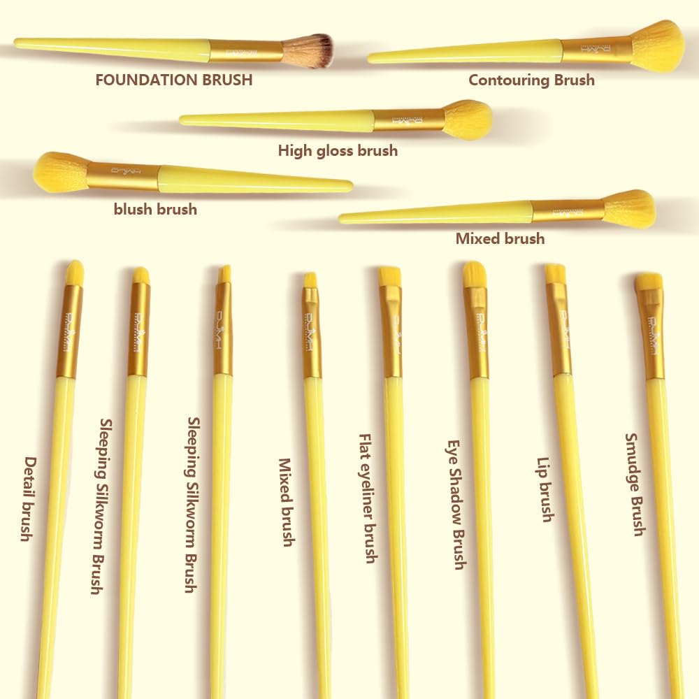 DJMH - Set di 13 pennelli da trucco con custodia, pennelli da trucco professionali con custodia in pelle (giallo)