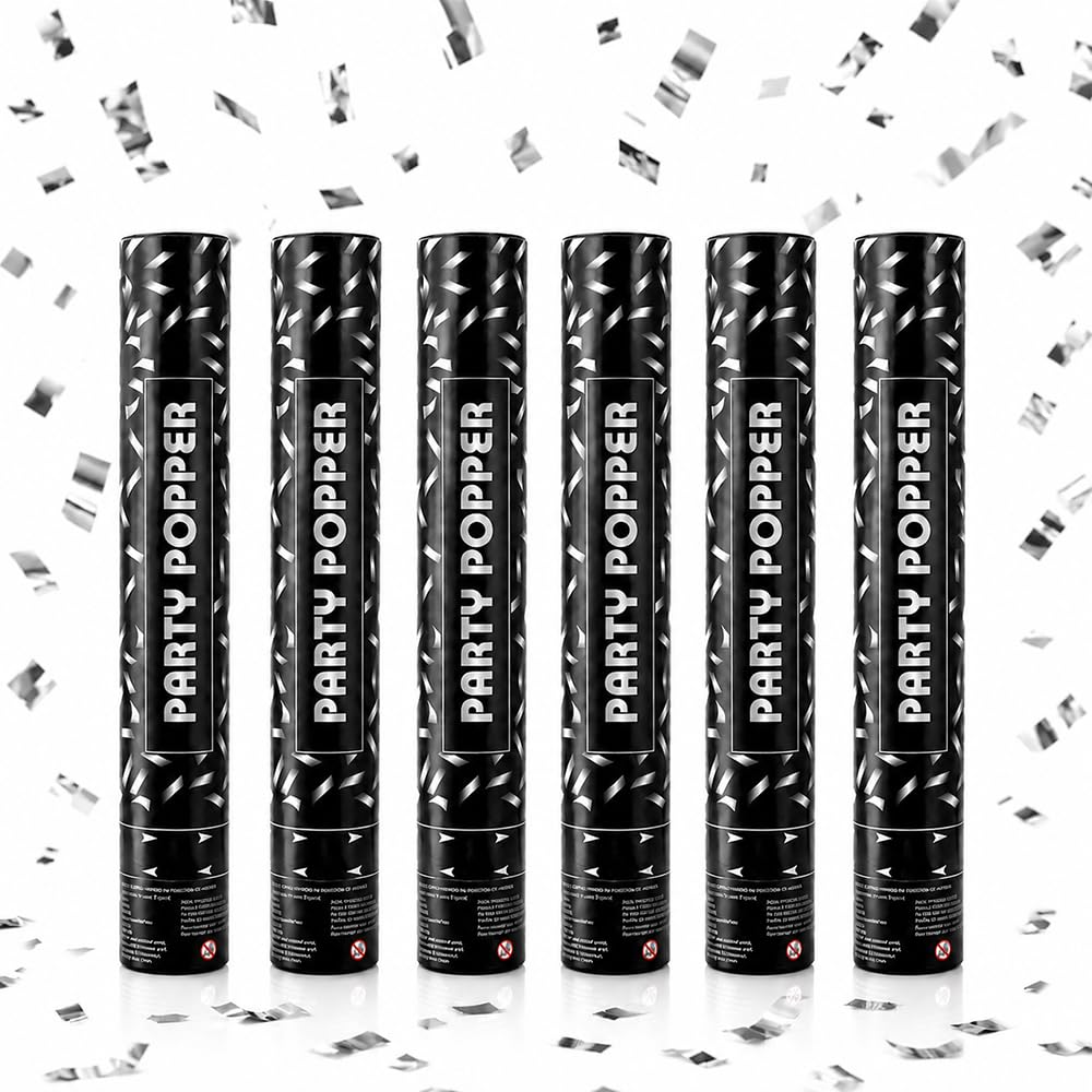HOVCEH 6Pcs 30cm Confetti Cannons Silver, Biodegradable Confetti Cannon, Party Poppers Birthday, Biodegradable Confetti Wedding for Anniversary, Baby Shower, Graduation, Christmas Party Supplies