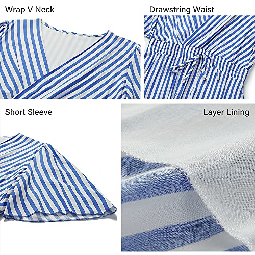 Prettygarden Women's Casual Summer Striped Dress Short Sleeve Wrap V Neck Ruffle Hem Mini Skater Dresses (Black,Large) #TOP5