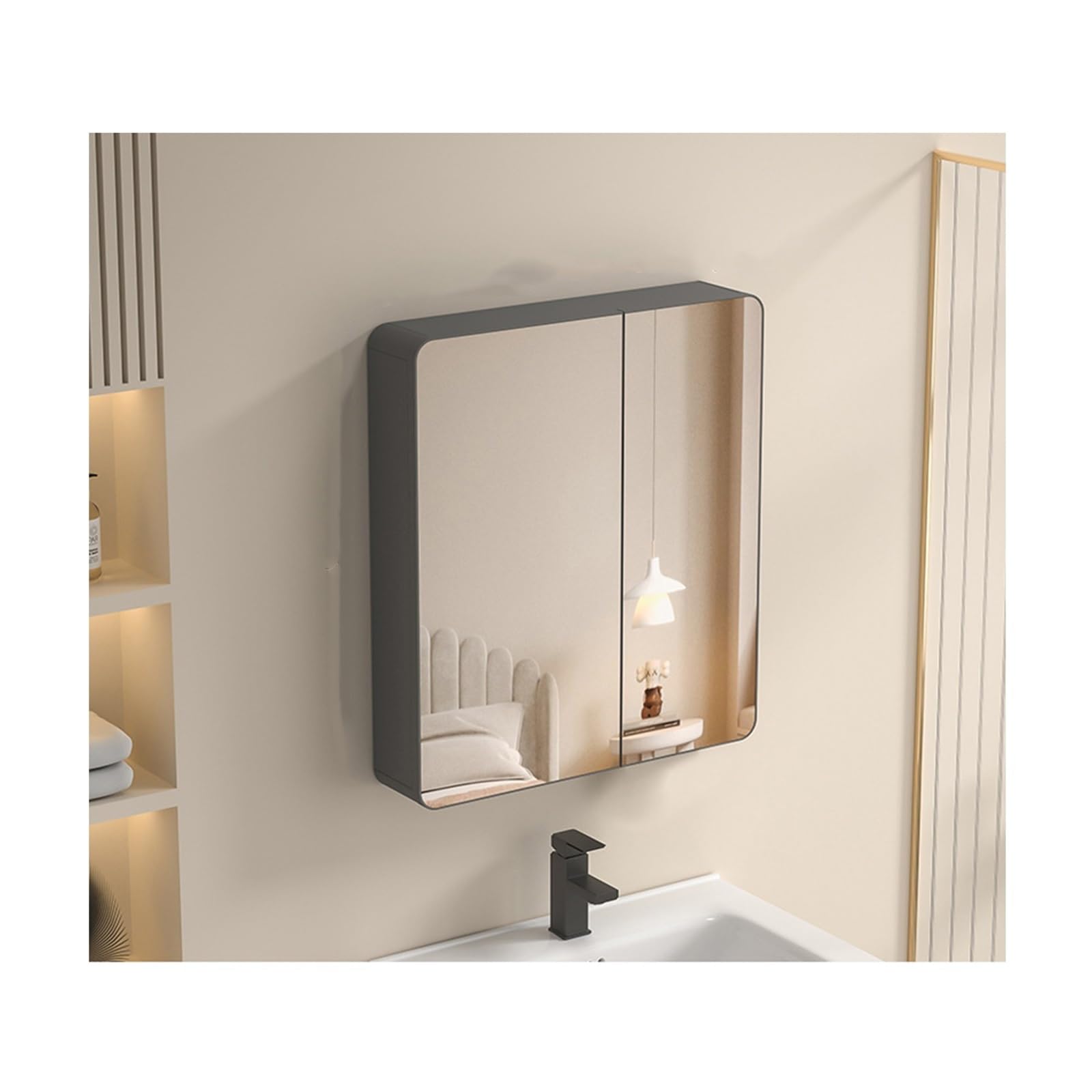 FGXHHS Wall-Mounted Cabinet - Double Door Storage Cupboard with Mirrored Finish, 60cm (23.6in) Dark Gray, Stylish nizer for Any