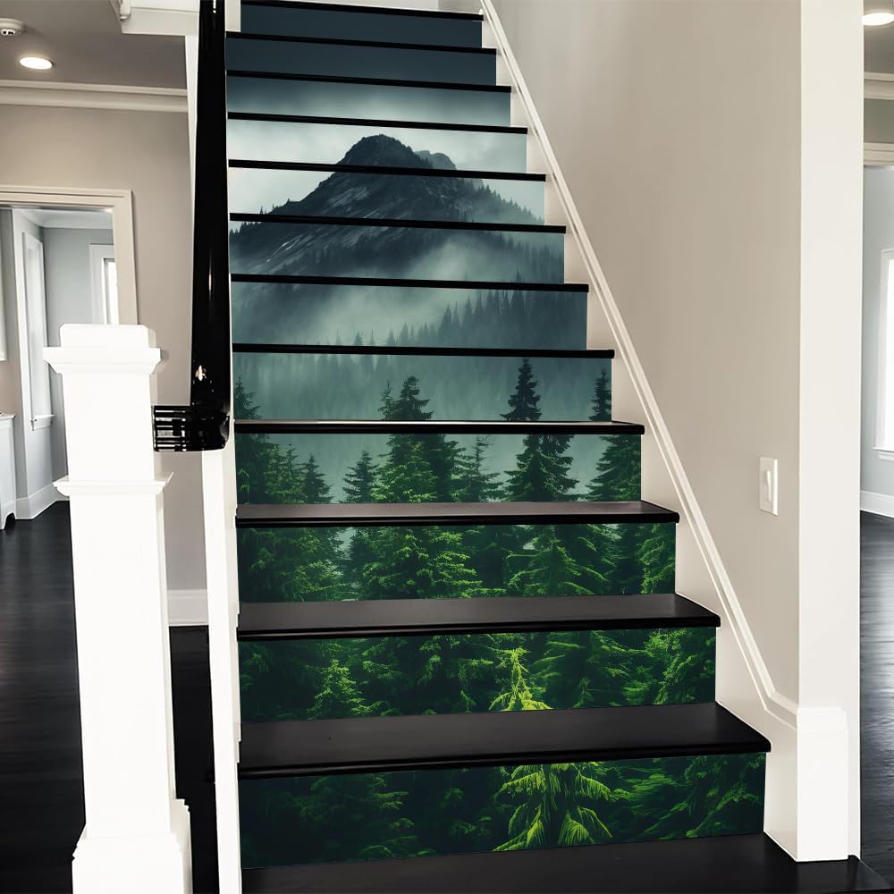 REDAMANCY Cloudy Pine Forest Mountain Landscape Peel and Stick Vinyl Stair Riser Decals Staircase Tile Stair Stickers Abstract Boho Art Modern Decoration Self-Adhesive Home Decor Stair Decals (14Pcs)