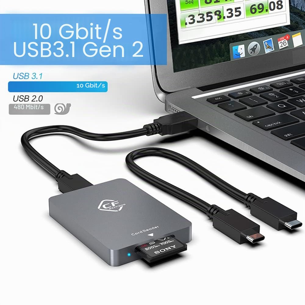 CFexpress Lecteur de carte mémoire 10 Gbit/s Type B CFexpress Adaptateur USB C vers USB C/USB A avec vitesse de transfert USB 3.1 Gen2, compatible avec Windows/Mac/Linux/Android