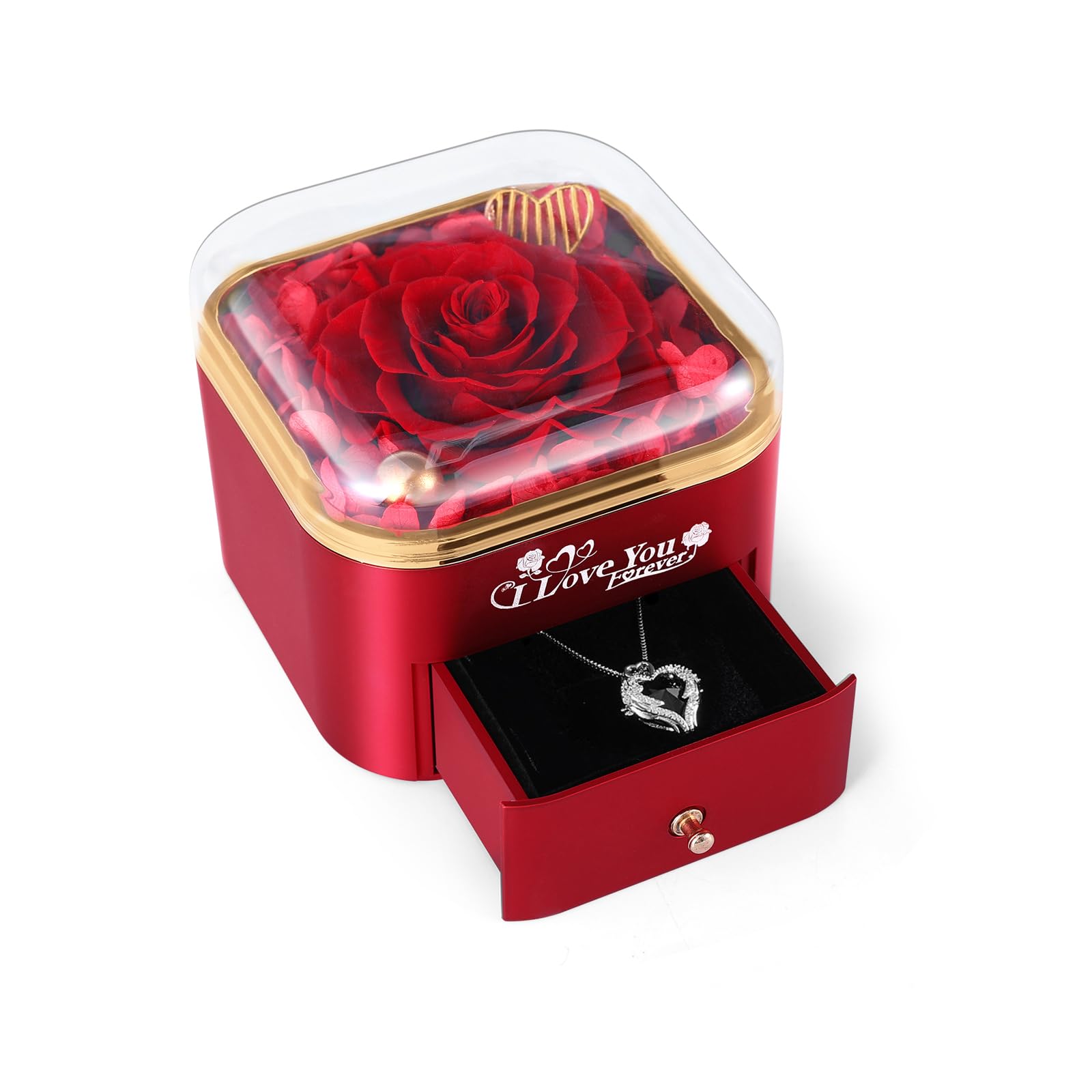 Mikasol Preserved Rose & Heart-Shaped Necklace with Jewelry Box, Preserved Rose, Ideal Romantic Gift for Women Anniversary