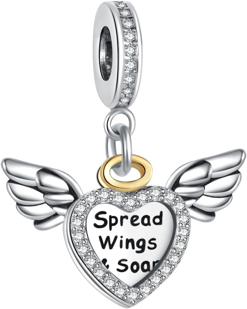 Freedom in Love Heart Angel Wing Dangle Charm Compatible with Pandora Charms Bracelets