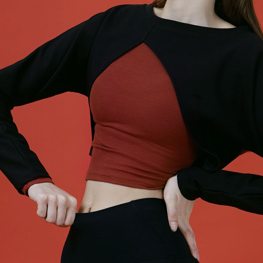 Deviwear Pilates Unbalanced Bolero Active Long Sleeve Coverup Tshirt Yoga Gymwear ecofriendly Fabric Cropped Top DEVI-T0088