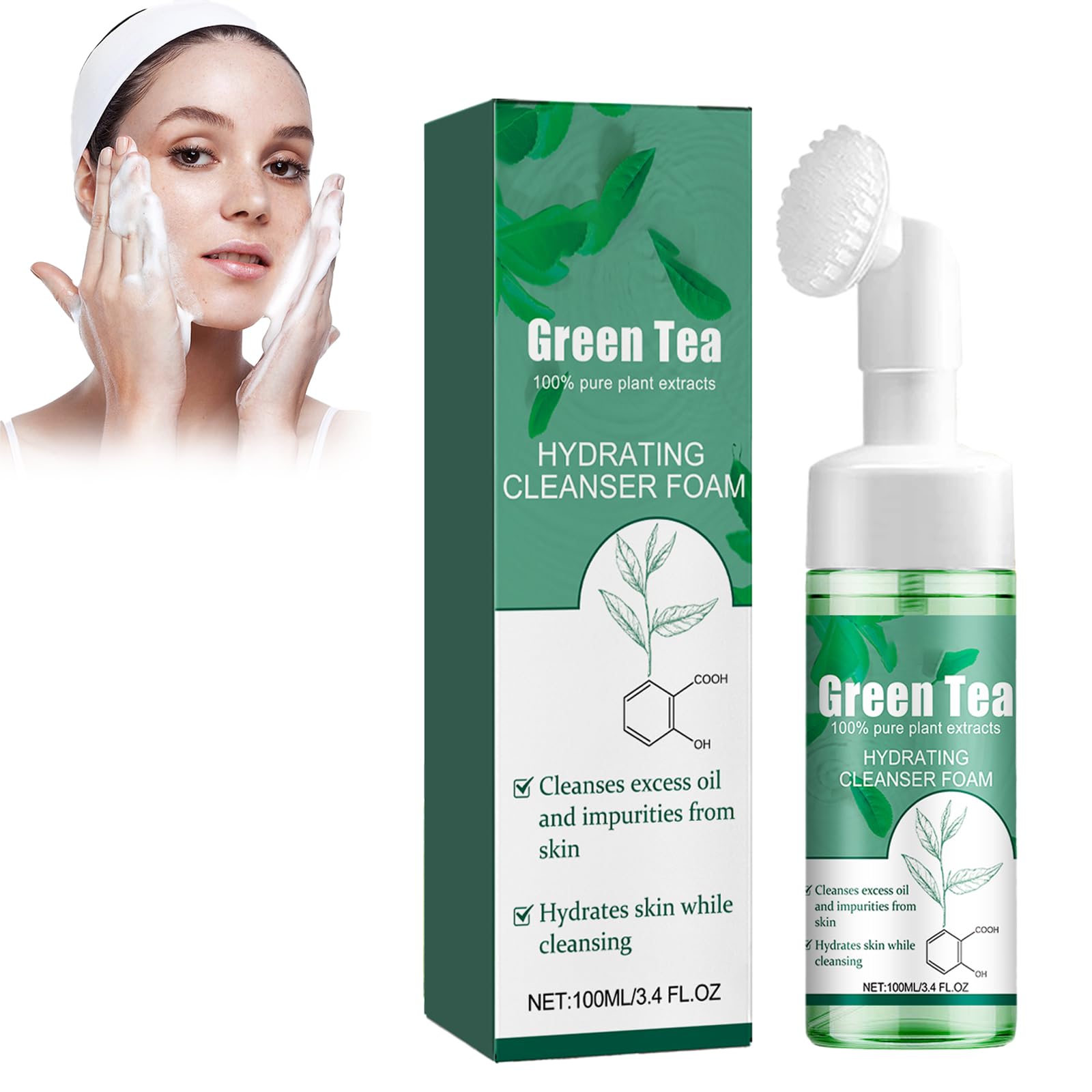 Shefave Schiuma per la pulizia del, tea tree, schiuma detergente, con spazzola per la pulizia del viso, detergente per i punti neri, controllo dell'olio, Siero di tè verde